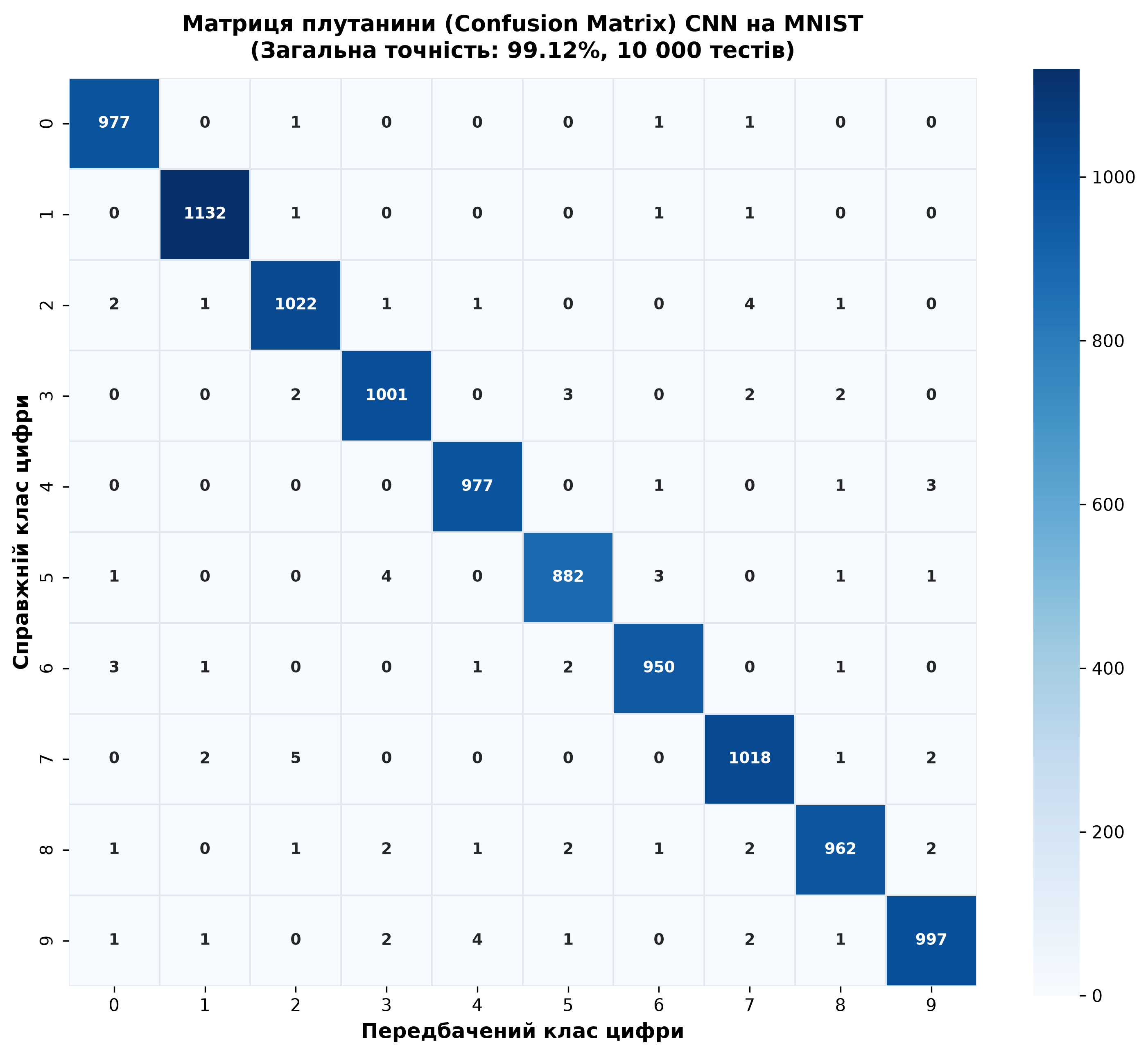 Confusion Matrix для CNN на MNIST: аналіз помилкових передбачень між класами цифр