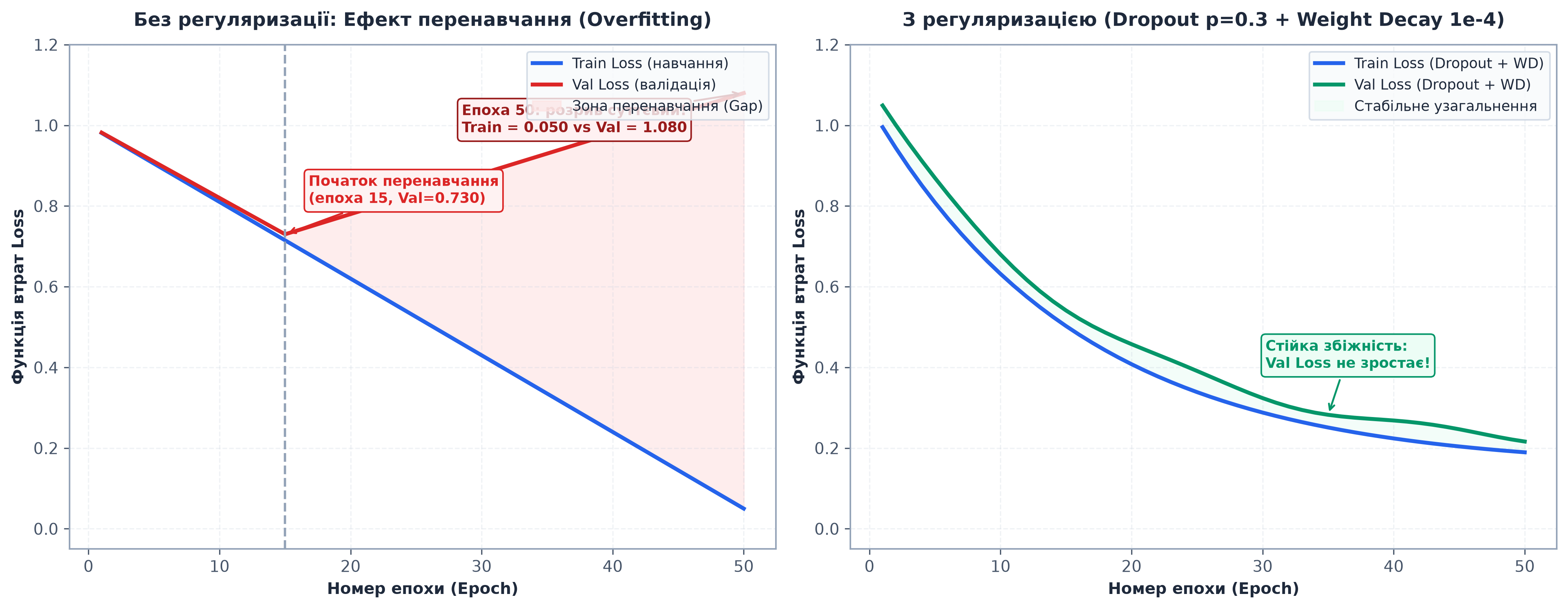 Перенавчання (Overfitting) без регуляризації та стабільна збіжність з Dropout і Weight Decay