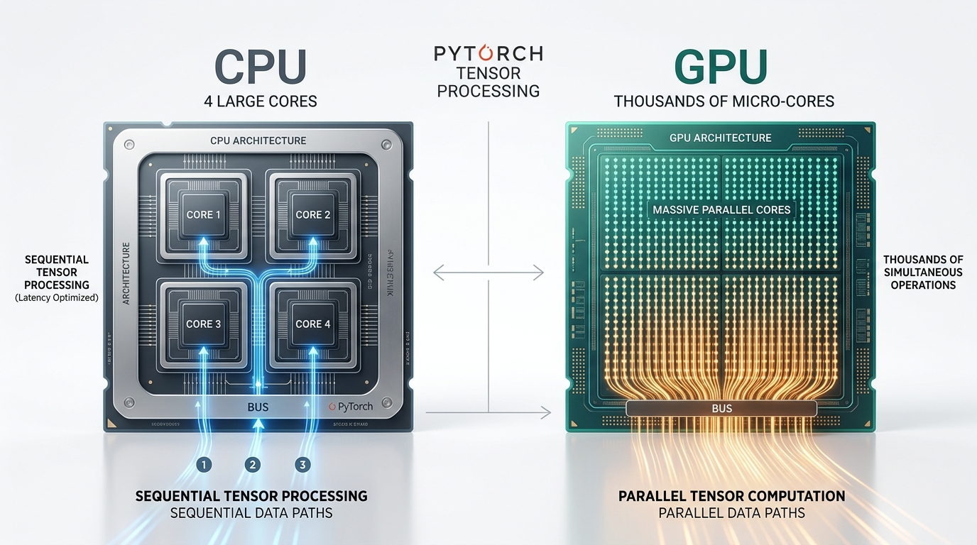 Архітектурне порівняння CPU та GPU для тензорних обчислень у PyTorch