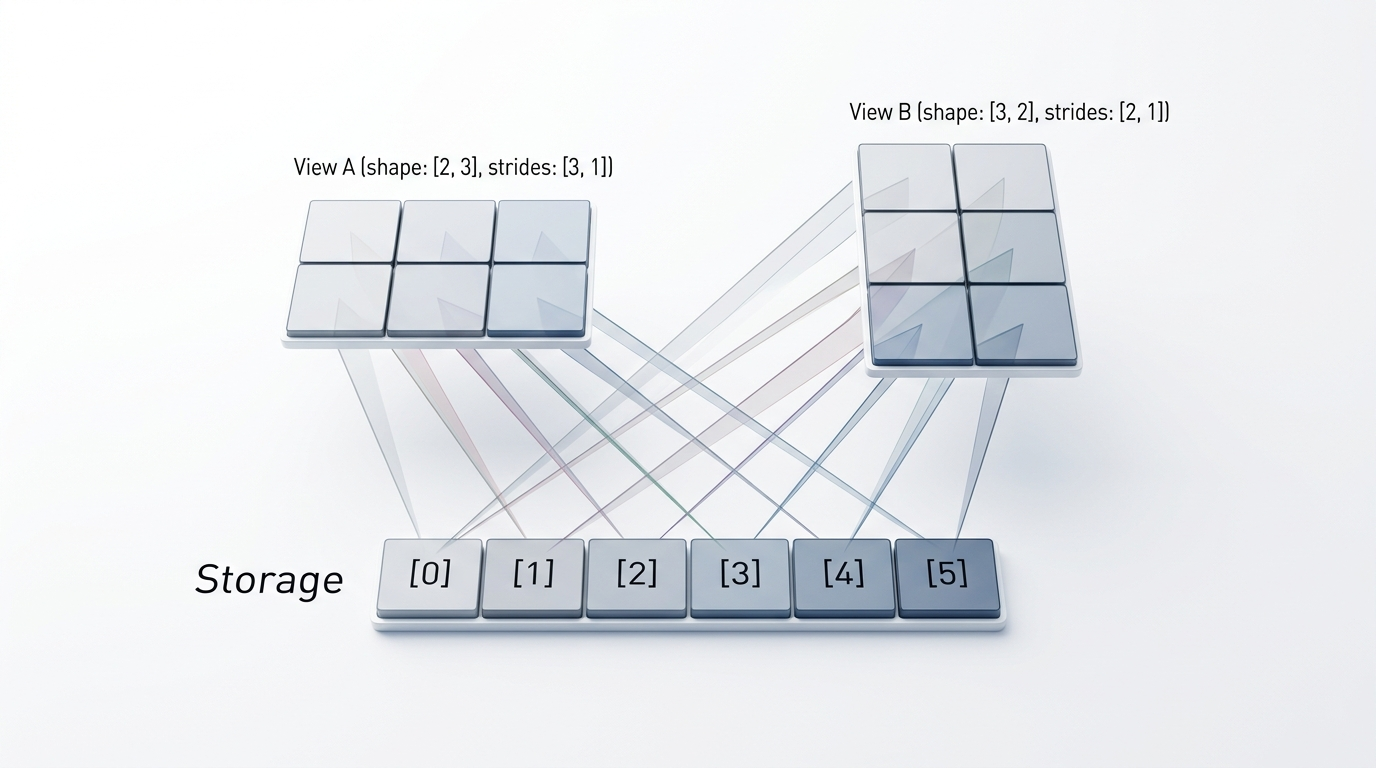 Внутрішня організація пам'яті тензора PyTorch: зв'язок між Storage, Strides та різними представленнями Views