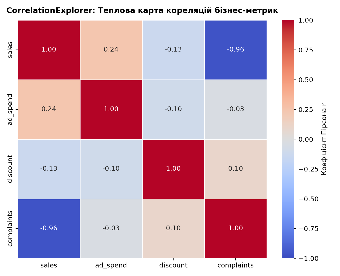 Теплова карта кореляцій бізнес-метрик у модулі CorrelationExplorer