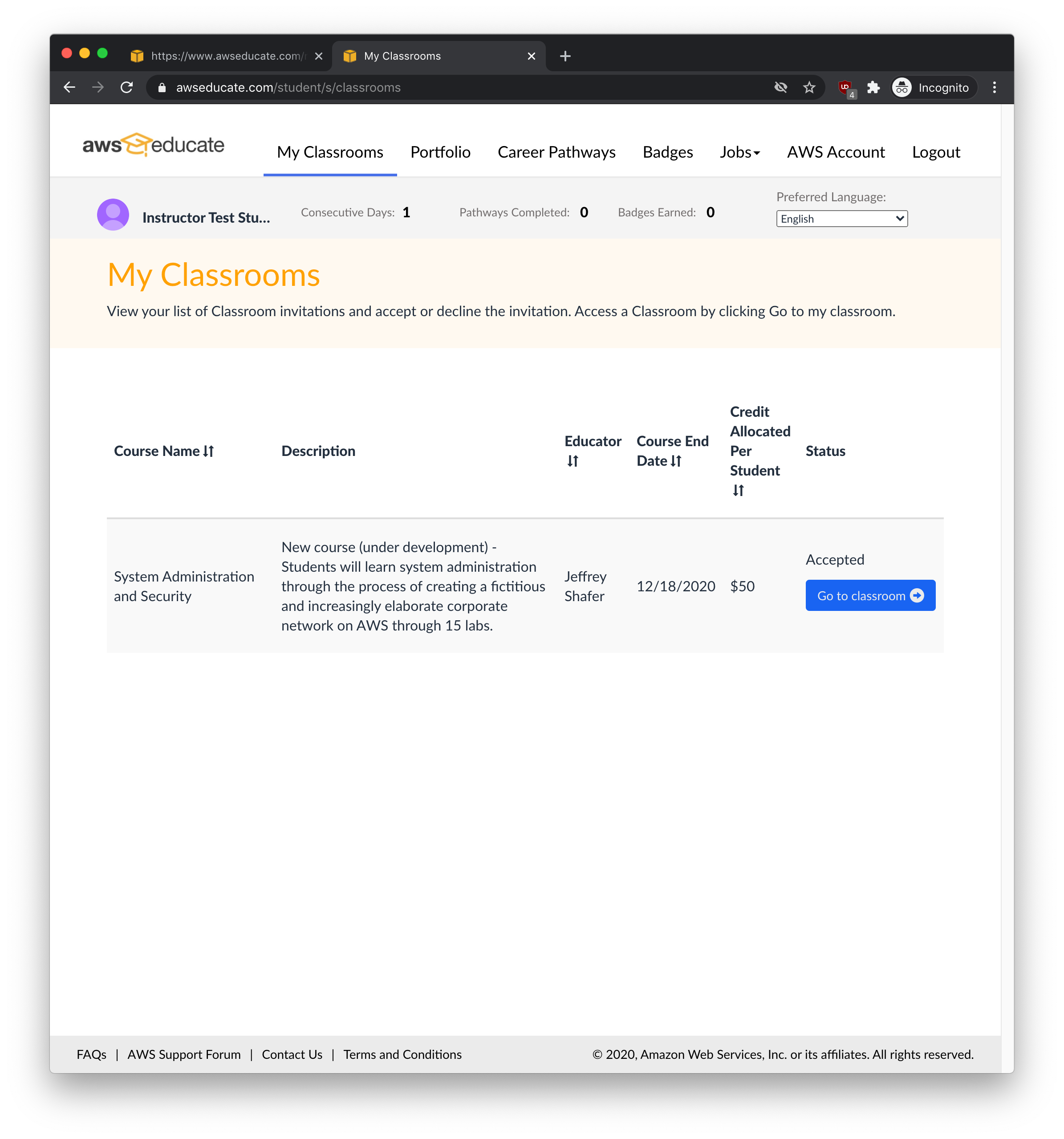 AWS Educate registration form with fields for name, university email, institution name, and graduation year