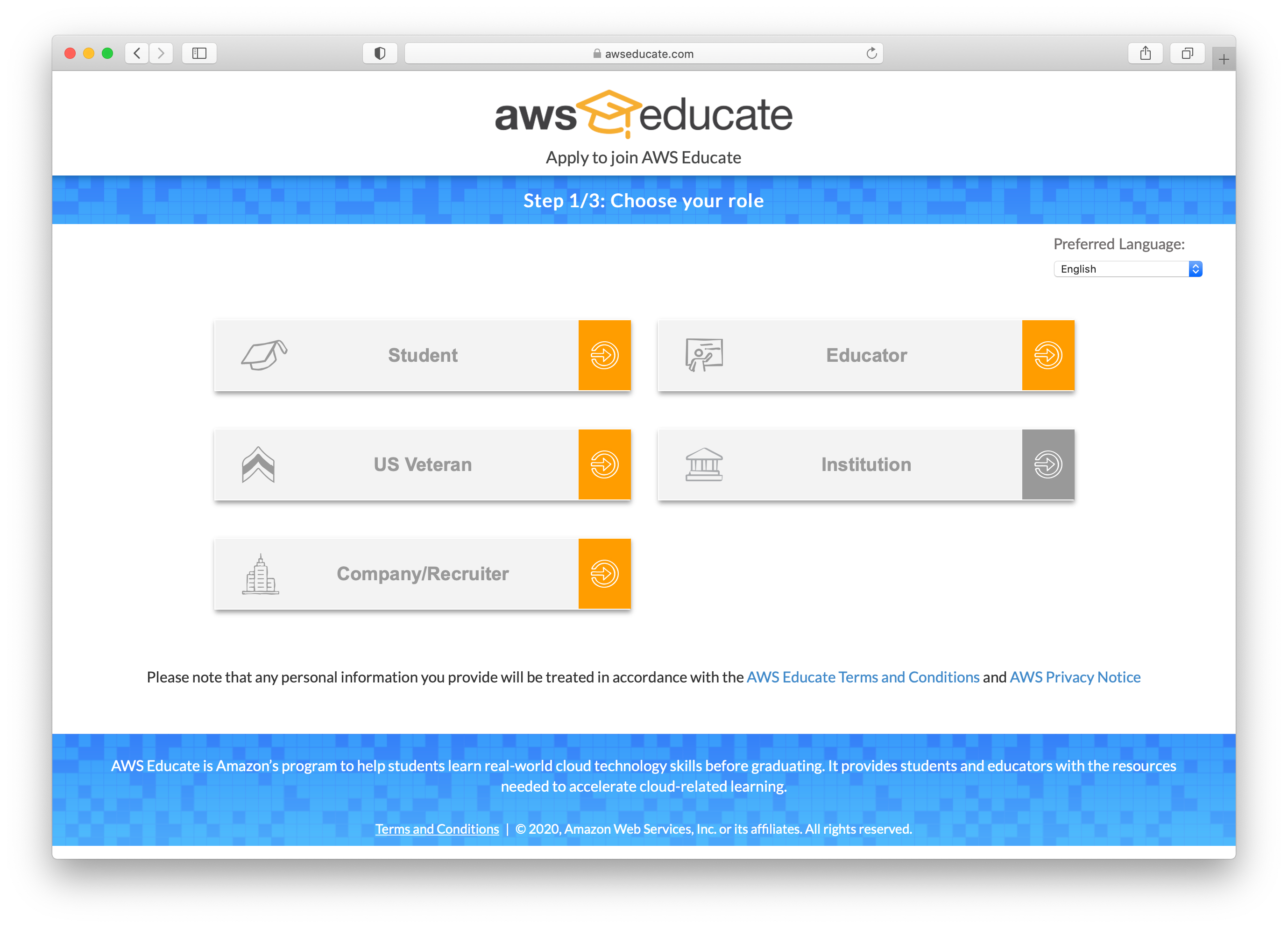 AWS Educate verification screen showing options to upload student ID or academic documents
