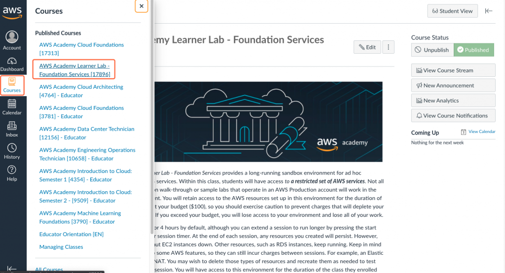 AWS Academy Learner Lab interface showing available AWS services and credit balance