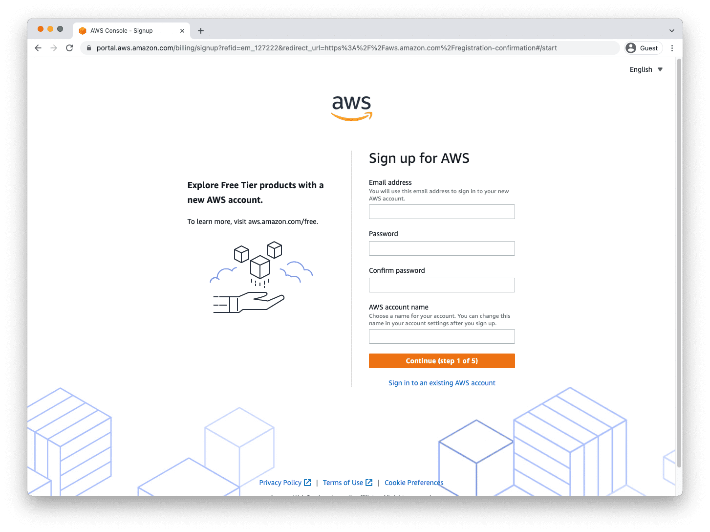AWS standard account registration page showing sign up form