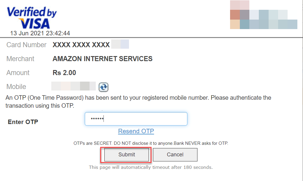 AWS payment verification screen showing $1 authorization charge