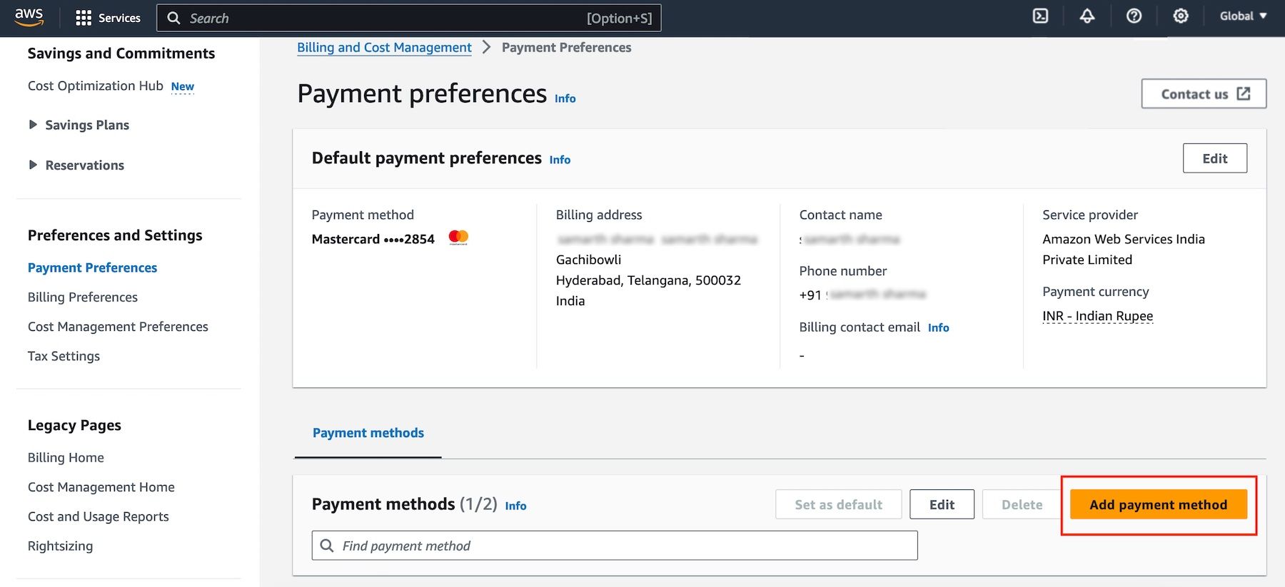 AWS IAM console showing MFA device setup for root user