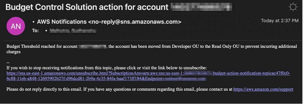 AWS Budget creation summary showing configured alerts and thresholds