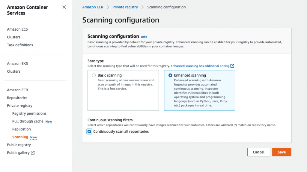 ECR image scanning with Amazon Inspector CVE vulnerability detection
