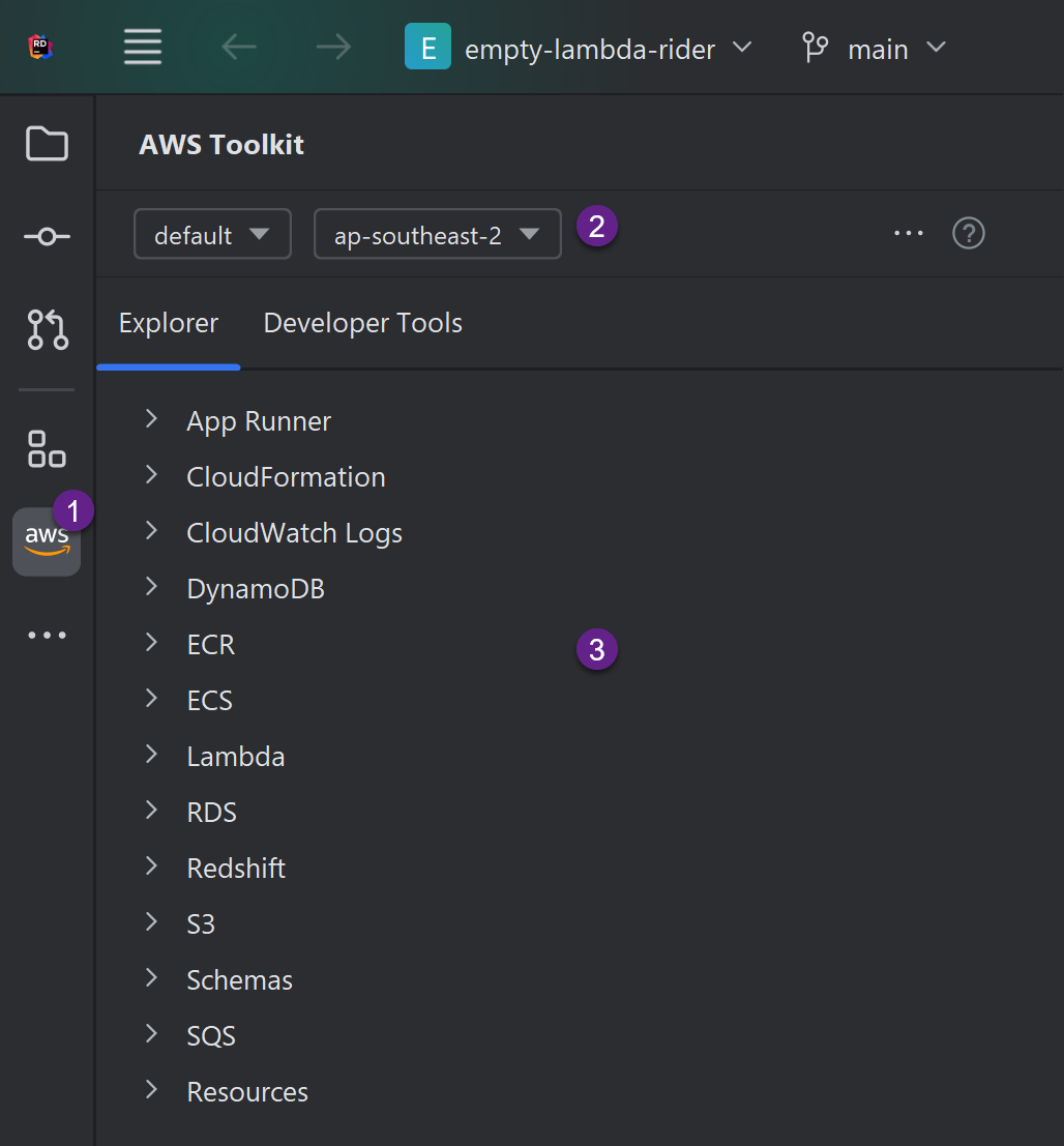 AWS Toolkit plugin in JetBrains Rider IDE interface