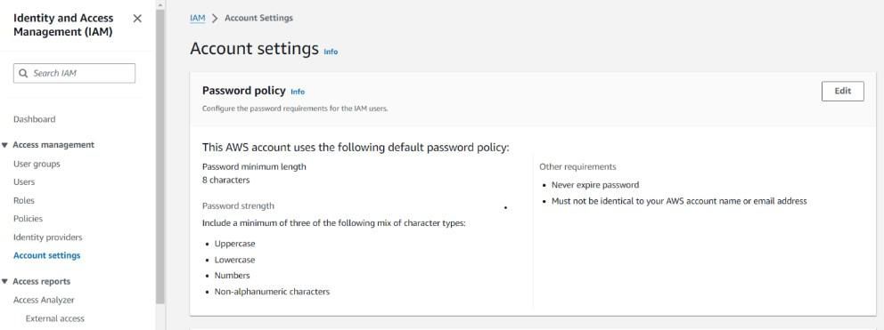IAM Password Policy configuration screen with password requirements settings