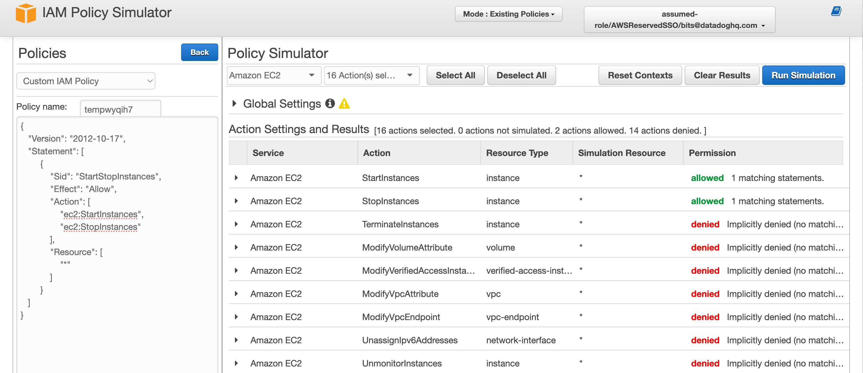 IAM Policy Simulator web interface testing access permissions