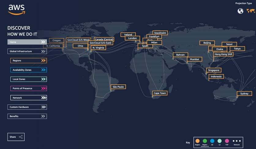 AWS regions world map with data center locations marked