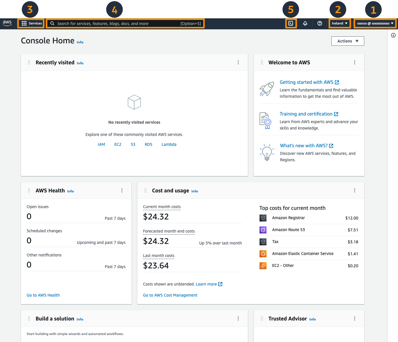 AWS Management Console dashboard interface screenshot