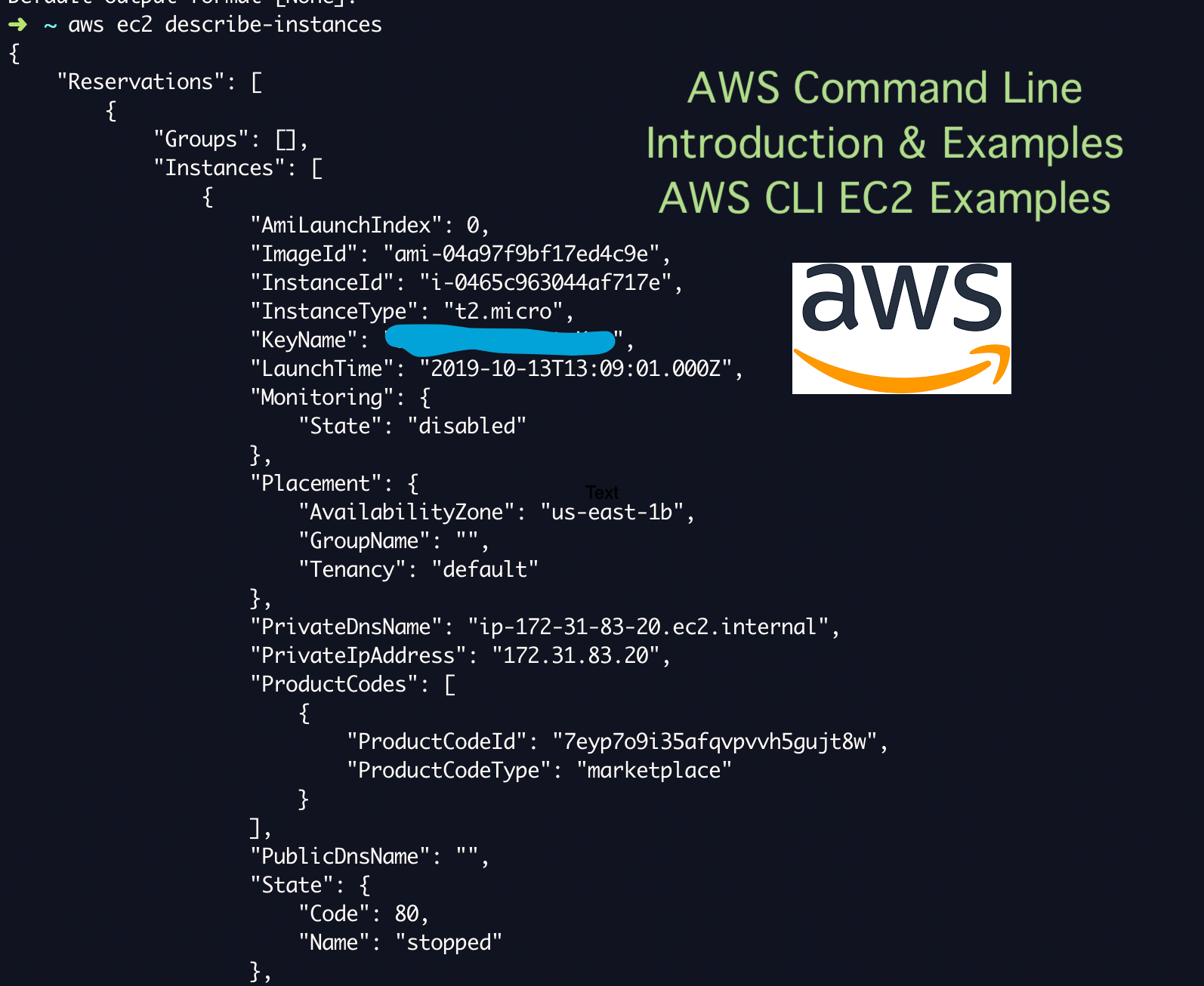 AWS CLI terminal commands execution example