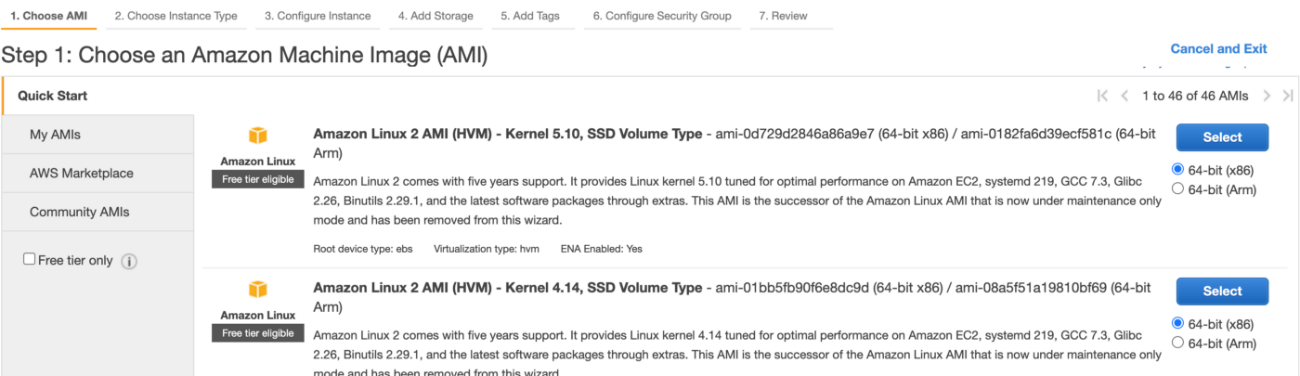 AWS AMI Amazon Machine Image selection screen with Linux options
