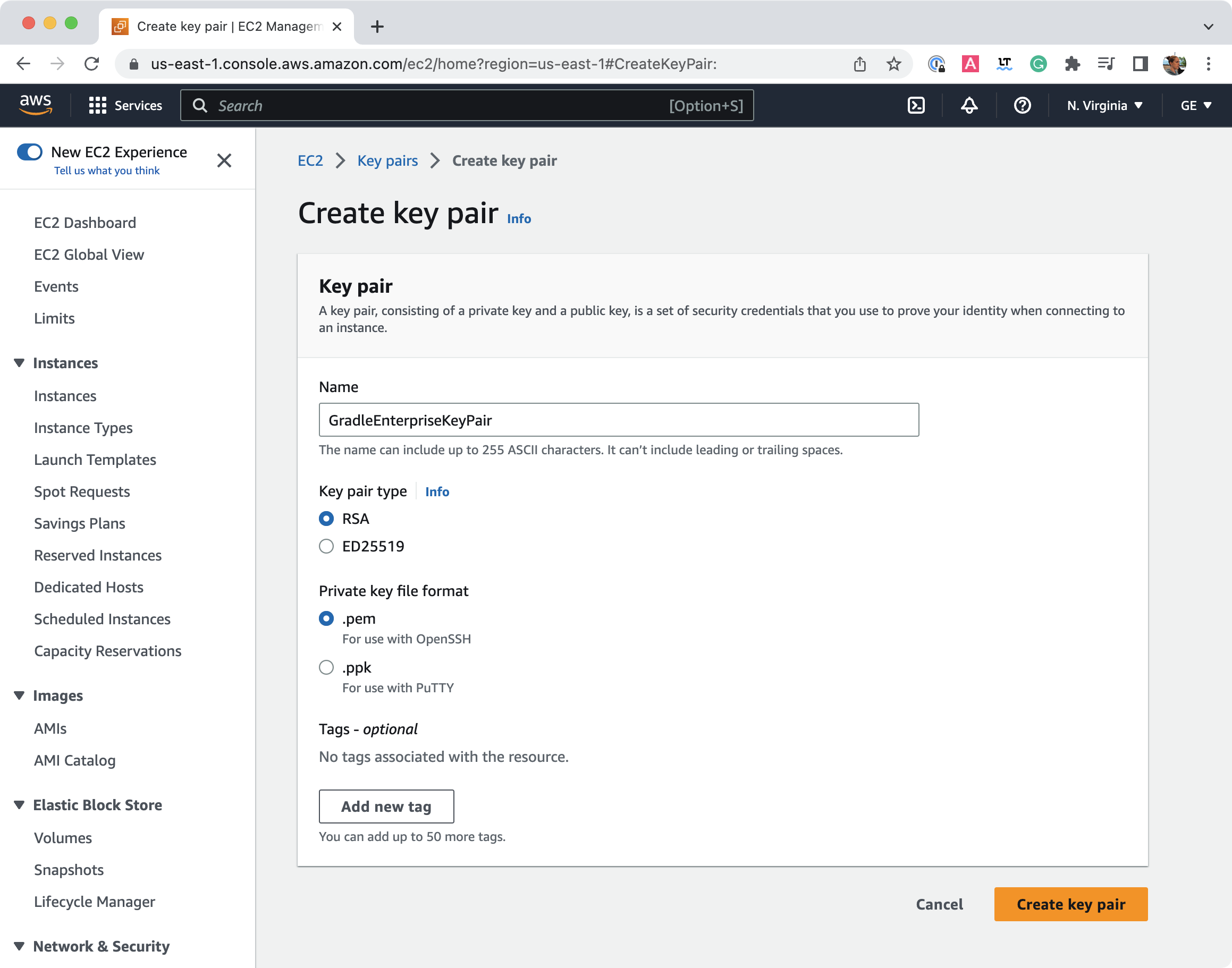 AWS EC2 key pair creation dialog RSA PEM format