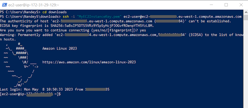 SSH connection to EC2 instance terminal example