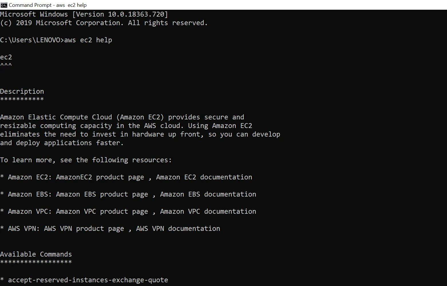 AWS CLI commands output examples in terminal