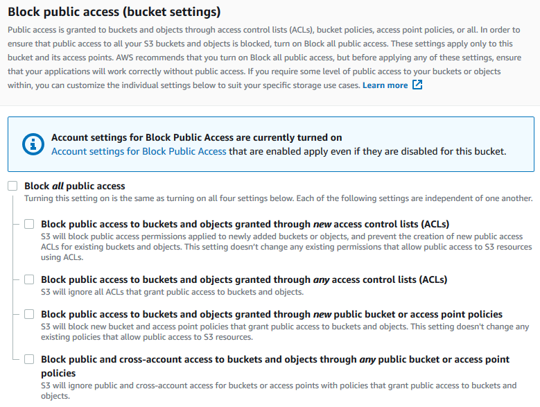 Amazon S3 Block Public Access settings screenshot