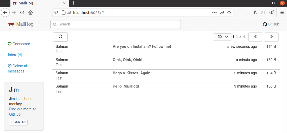 Вебінтерфейс поштового сервера MailHog із перехопленими повідомленнями