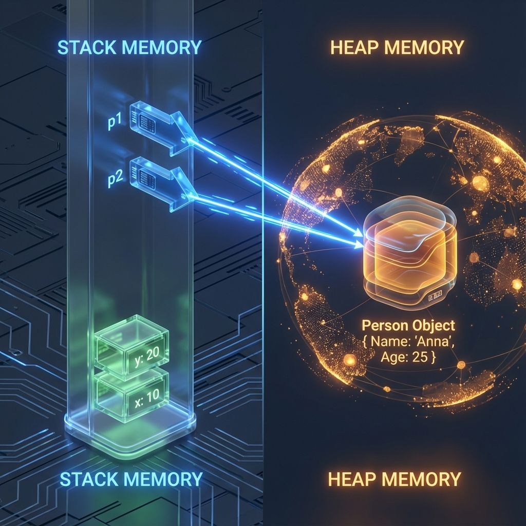 Повна схема C# Memory: Stack зберігає значення та посилання, Heap зберігає об'єкти