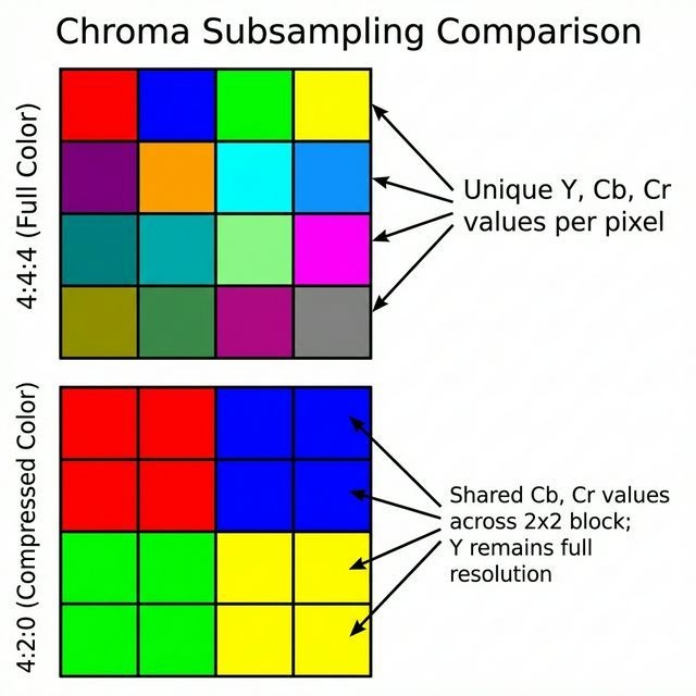 Chroma Subsampling Grid: Visual comparison of 4:4:4 full color resolution vs 4:2:0 where color blocks are averaged