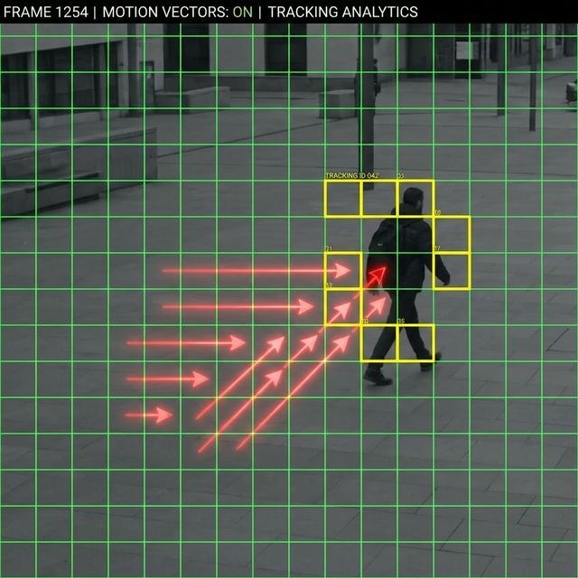 Motion Estimation: Video frame with 16x16 macroblock grid and motion vectors indicating movement
