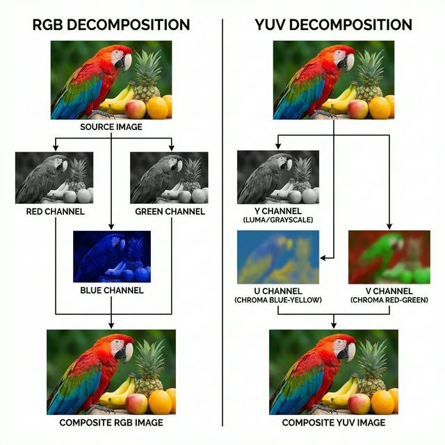 RGB Decomposition: Source image split into Red, Green, and Blue channels containing full detail