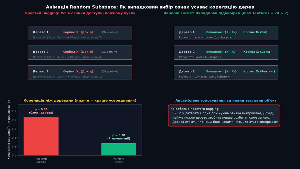 Анімація випадкового вибору ознак (Random Subspace) та подолання кореляції між деревами