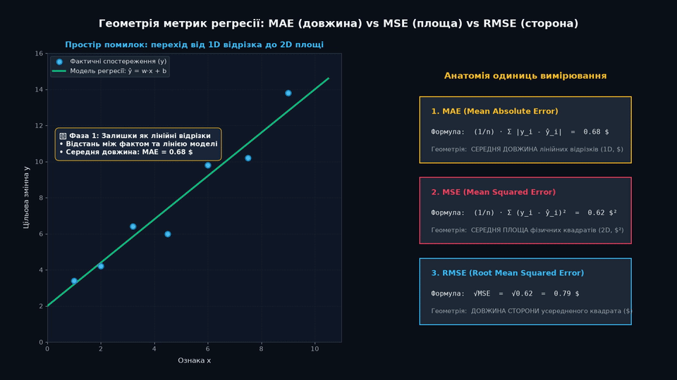 Геометрія метрик регресії: MAE відрізки, MSE площі квадратів та RMSE сторона